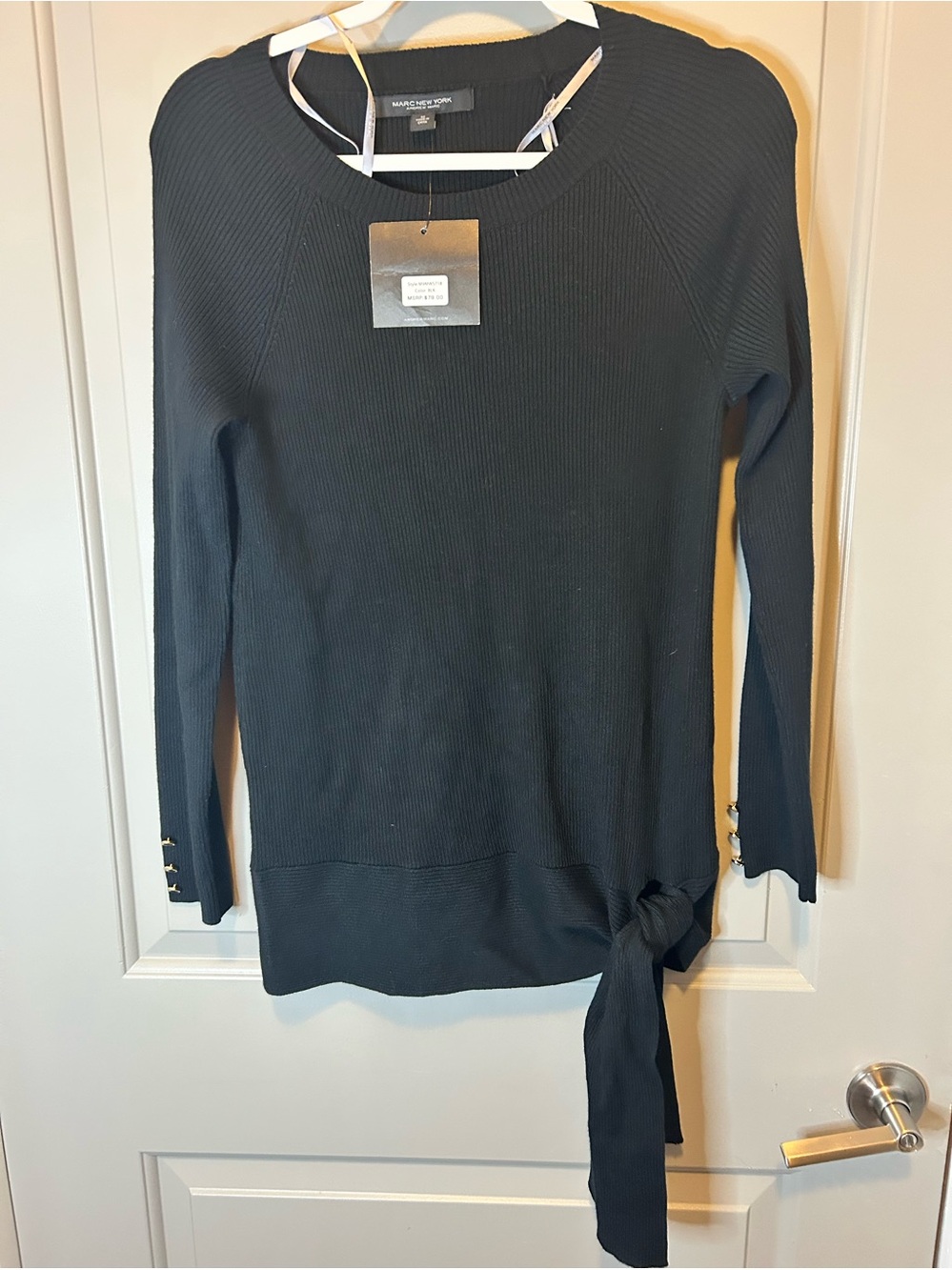 Marc New York Black Ribbed Tie-Hem Long Sleeve Top NWT